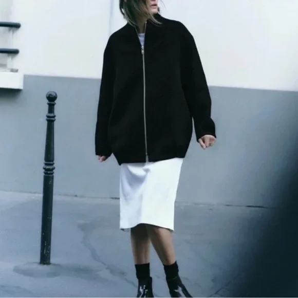 Zara Women’s Black Manteco Wool Bomber Zip Up Coat ZW Collection Medium NWT - Picture 3 of 14